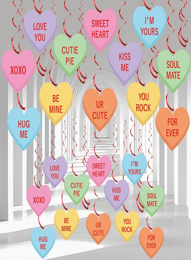 Maniaacer 30 PCS Valentines Day Hanging Swirl Decorations Pre-Strung Candy Heart Hanging Decoration Colorful Conversation Hearts Ceiling Streamers for Valentines Day Party Home Decor - Image 1